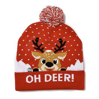 LED Light Up Christmas Acrylic Fibers Yarn Cuffed Beanies Cap, Winter Warmer Knit Hat for Women, with Built-in Battery and Switch, Deer, 285x240x13.5mm, Inner Diameter: 145mm