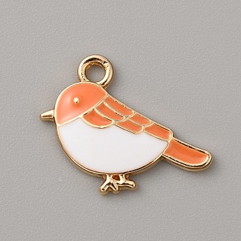 Alloy Enamel Pendants, Light Gold, Bird Charm, Coral, 15x19x2mm, Hole: 1.8mm, 10pcs/bag