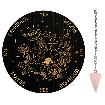 AHADEMAKER 1Pc Wood Pendulum Board, 1Pc 304 Stainless Steel Cable Chain Necklaces, 1Pc Natural Rose Quartz Stone Pendants, for Witchcraft Wiccan Altar Supplies, Rose Pattern, Board: 200x4mm