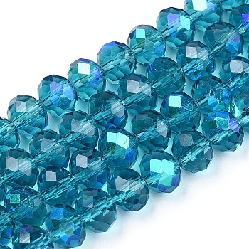 Electroplate Glass Beads Strands, Half Rainbow Plated, Faceted, Rondelle, Steel Blue, 6x5mm, Hole: 1mm, about 83~85pcs/strand, 38~39cm