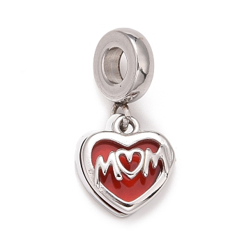 304 Stainless Steel European Dangle Charms, Large Hole Pendants, with Red Enamel, Mother's Day, Heart with Word Mom, Stainless Steel Color, 23mm, Hole: 4mm, Heart: 12x10.5x1~2mm