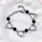 201 Stainless Steel Heart Link Chain Bracelets, Glass Beads Bracelets with 304 Stainless Steel Clasps, Black, 7-5/8 inch(19.3cm)(BJEW-B078-177P-01)