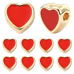 10Pcs Brass Enamel Beads, Heart, Real 18K Gold Plated, Red, 6.5x6.5x3.5mm, Hole: 1.6mm(KK-YW0004-20)