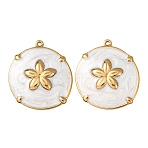 304 Stainless Steel Pendants, with Enamel, Flat Round & Flower Charms, Real 18K Gold Plated, Ion Plating(IP), White, 28x25x4mm, Hole: 1.4mm(STAS-N129-08G-01)