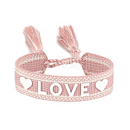 Silicone Word Love Pattern Braided Cord Bracelet with Polyester Tassels, Flat Adjustable Bracelet for Women, Pink, Inner Diameter: 5-7/8~9-1/2 inch(15~24cm)(VALE-PW0001-032F)