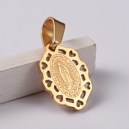 304 Stainless Steel Pendants, Oval with Virgin Mary/Our Lady of Guadalupe, Golden, 17.5x13x1.5mm, Hole: 4x7mm(STAS-F100-52)