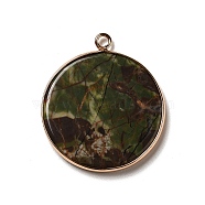 Natural Kambaba Jasper Pendants, Flat Round Charms, with Golden Plated Brass Frame, 35x31x3~3.5mm, Hole: 2.5mm(G-A213-01G-10)