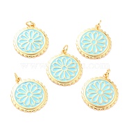 Real 18K Gold Plated Brass Pendants, with Enamel, Long-Lasting Plated, Flat Round with Flower, Sky Blue, 22.5x19.5x2mm, Jump Ring: 5x1mm, 3mm Inner Diameter(X-KK-L206-013G-03)