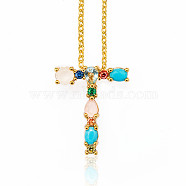 Golden Brass Micro Pave Cubic Zirconia Initial Pendants Necklaces, with Cable Chains, Colorful, Letter, Letter.T, 17.9~18.1 inch(45.5~46cm)x1.5mm, LetterT: 20x17x6mm(NJEW-S069-JN002-T)