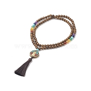Indonesia Buddhist Necklace, Polyester Tassel Pendant Necklace with Wood & Mixed Gemstone Beaded Chains for Women, Coffee, 35.43 inch(90cm)(NJEW-JN04179)