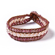 Natural Rhodonite Beaded Cord Bracelets, with Freshwater Pearl, Leather Cord and Alloy Clasps, 8-5/8 inch(22cm), 20mm(BJEW-K214-A01)
