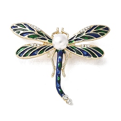 Dragonfly Enamel Pins, Alloy Rhinestone Brooches for Backpack Clothes, with Plastic Pearl, Marine Blue, 38x49.5mm(JEWB-M067-09G-03)