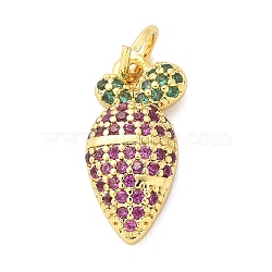 Brass Micro Pave Cubic Zirconia Pendants, Fruits, Rack Plating, Long-Lasting Plated, Lead Free & Cadmium Free, with Jump Ring, Real 18K Gold Plated, Carrot, 15.5x7.5x3.5mm, Hole: 3mm(KK-S511-03H-G)