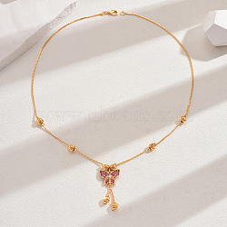 Fashionable Brass Pave Cubic Zirconia Butterfly Pendant Necklaces, Tassel Necklaces for Women, Real 18K Gold Plated, Violet, 17.91 inch(45.5cm)(CT9950-1)