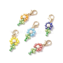 20Pcs 5 Colors Synthetic Turquoise & Glass Seed Beaded Flower Pendant Decoration, with Alloy Crochet Lobster Clasp Charms, Mixed Color, 30mm, 4pcs/color(HJEW-JM00729-S-01)