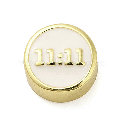 Rack Plating Brass Enamel Beads, Long-Lasting Plated, Cadmium Free & Lead Free, Real 18K Gold Plated, Flat Round with Number 11:11, WhiteSmoke, 10x4.5mm, Hole: 1.8mm(KK-Q784-37G-02)