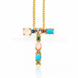 Golden Brass Micro Pave Cubic Zirconia Initial Pendants Necklaces, with Cable Chains, Colorful, Letter, Letter.T, 17.9~18.1 inch(45.5~46cm)x1.5mm, LetterT: 20x17x6mm(NJEW-S069-JN002-T)