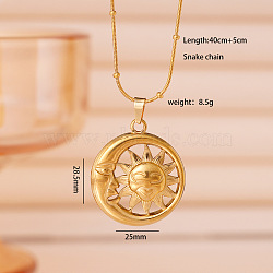 304 Stainless Steel Sun Pendant Necklaces for Women, Real 18K Gold Plated, Moon, 15.75 inch(40cm), pendant: 28.5x25mm(WG60B9D-03)