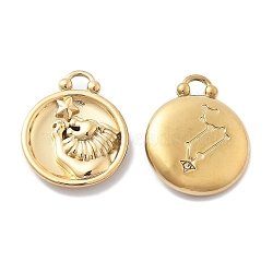 PVD Vacuum Plating 304 Stainless Steel Rhinestone Pendants, Flat Round with Constellations Charm, Real 18K Gold Plated, Leo, 20.5x16.5x3.5mm, Hole: 2.5mm(STAS-R130-01G-011)