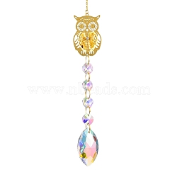 Iron Hanging Ornaments, Glass AB Color Octagonal Beads Tassel Suncatchers for Outdoor Garden Dcorations, Owl, 370mm(AJEW-H154-03C)