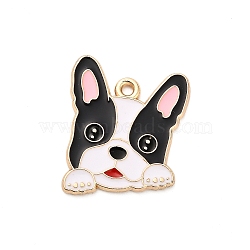 Animal Puppy Alloy Enamel Pendants, Golden, French Bulldog Charm, Black, 22.5x19x1mm, Hole: 1.6mm(FIND-V001-03G-02)