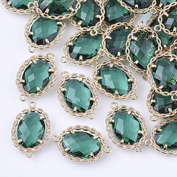 Transparent Glass Links connectors, with Brass Findings, Faceted, Oval, Light Gold, Sea Green, 21.5x14x5mm, Hole: 1.2mm