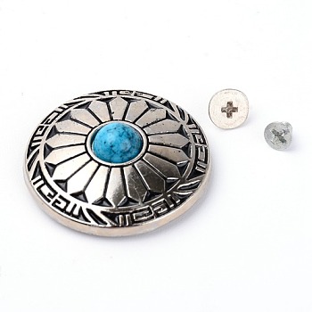 Alloy & Imitation Turquoise Craft Solid Screw Rivet, DIY Leather Craft Nail, Flat Round, Antique Silver, Blue, 30x10mm, Hole: 2mm, Screw: 5x3mm and 7x3.5mm