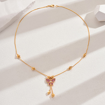 Fashionable Brass Pave Cubic Zirconia Butterfly Pendant Necklaces, Tassel Necklaces for Women, Real 18K Gold Plated, Violet, 17.91 inch(45.5cm)