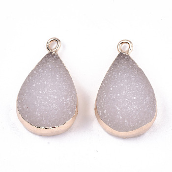 Druzy Resin Pendants, with Edge Light Gold Plated Iron Loops, Teardrop, Linen, 25~26x15x8.5mm, Hole: 1.8mm