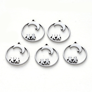 Non-Tarnish 304 Stainless Steel Pendants, Laser Cut, Round Ring with Moon and Human, Stainless Steel Color, 17x15x1mm, Hole: 1mm