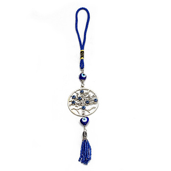 Alloy & Lampwork Tree of Life with Evil Eye Pendant Decoration, Glass Beaded Tassel Hanging Car Ornaments, Antique Silver, 290mm
