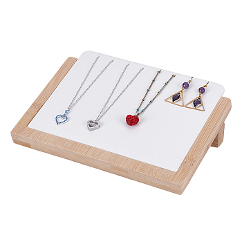 Rectangle Wooden Slant Back Jewelry Display Stands with Imitation Leather Mat for Earrings Necklaces, White, 21x15.5x5.2cm