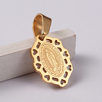 304 Stainless Steel Pendants, Oval with Virgin Mary/Our Lady of Guadalupe, Golden, 17.5x13x1.5mm, Hole: 4x7mm