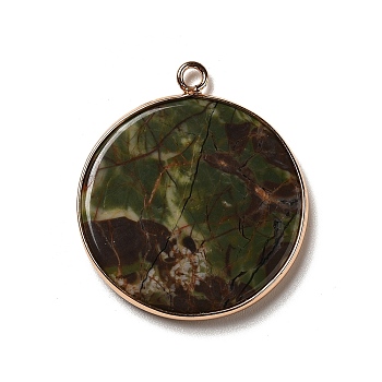 Natural Kambaba Jasper Pendants, Flat Round Charms, with Golden Plated Brass Frame, 35x31x3~3.5mm, Hole: 2.5mm