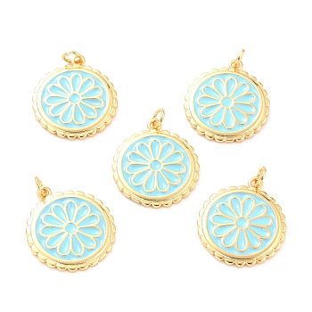 Real 18K Gold Plated Brass Pendants, with Enamel, Long-Lasting Plated, Flat Round with Flower, Sky Blue, 22.5x19.5x2mm, Jump Ring: 5x1mm, 3mm Inner Diameter