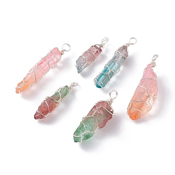 Natural Dyed Quartz Bead Pendants, with Eco-Friendly Copper Wire, Two Tone, Bullet, Mixed Color, Silver, 31~50x6~12x5~12mm, Hole: 4~4.5mm