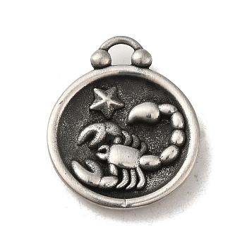 304 Stainless Steel Pendants, Flat Round with Constellations Charm, Antique Silver, Scorpio, 20.5x17x3mm, Hole: 2.5x2mm