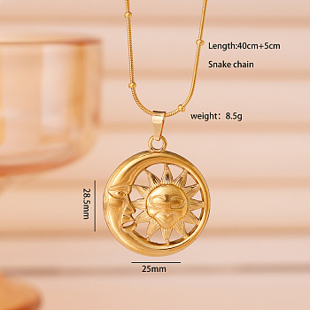 304 Stainless Steel Sun Pendant Necklaces for Women, Real 18K Gold Plated, Moon, 15.75 inch(40cm), pendant: 28.5x25mm