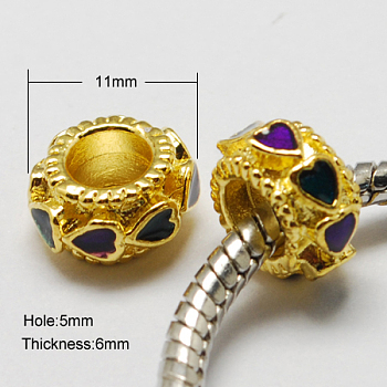 Alloy Enamel European Beads, Large Hole Beads, Rondelle, Golden, Dark Violet, 11x6mm, Hole: 5mm