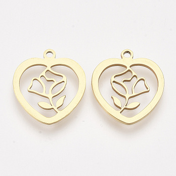 201 Stainless Steel Pendants, Laser Cut Pendants, Heart with Flower, Golden, 17.5x15.5x1mm, Hole: 1.4mm