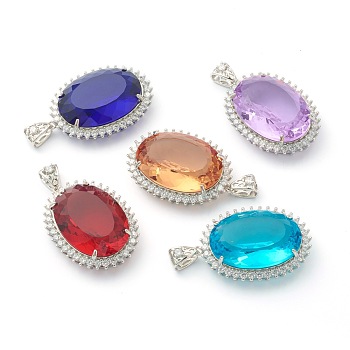 Transparent Faceted Glass Pendants, with Brass Micro Pave Clear Cubic Zirconia Findings, Oval, Platinum, Mixed Color, 45x33x13mm, Hole: 9x4mm