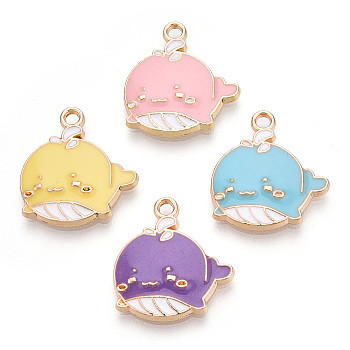 Eco-Friendly Zinc Alloy Pendants, with Enamel, Cadmium Free & Nickel Free & Lead Free, Whale Shape, Light Gold, Mixed Color, 19x17~18x2mm, Hole: 1.8mm