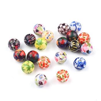 Opaque Printed Acrylic Beads, Round, Mixed Color, 11.5~12x11mm, Hole: 2.5mm