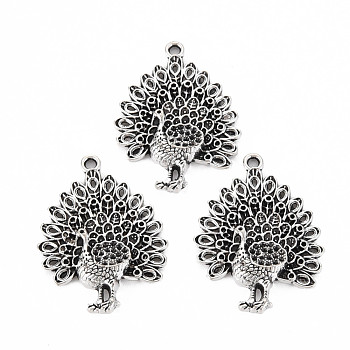 Tibetan Style Alloy Pendant Rhinestone Settings, Cadmium Free & Lead Free, Peacock, Antique Silver, Fit For 0.8mm Rhiestone, 29.5x22x3.5mm, Hole: 1.6mm, about 440pcs/1000g