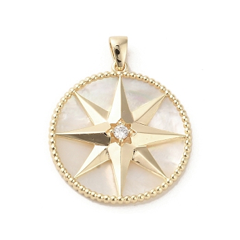 Brass Micro Pave Cubic Clear Zirconia Pendants, with Shell, Flat Round with Star, Real 18K Gold Plated, 27x25x4mm, Hole: 4x2mm