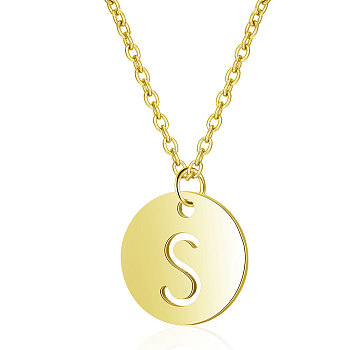 201 Stainless Steel Initial Pendants Necklaces, with Cable Chains, Flat Round with Letter, Golden, Letter.S, 16.3 inch(40cm), 1mm