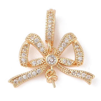 Brass Micro Pave Cubic Zirconia Peg Bails, Bowknot, Real 14K Gold Plated, 17x24.5x4mm, Pin: 0.8mm