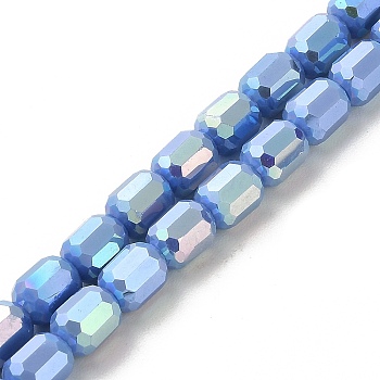 Electroplate Glass Beads Strands, Opaque Solid Color, AB Color Plated, Faceted, Column, Cornflower Blue, 6x7~7.5mm, Hole: 1mm, about 72~73pcs/strand, 21.06~21.14''(53.5~53.7cm)