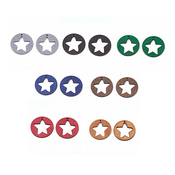 Pear Wood Pentacle Pendants, Dyed, Flat Round with Star, Mixed Color, 30x3mm, Hole: 2mm
