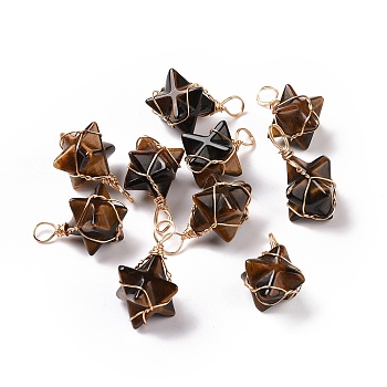 Natural Tiger Eye Copper Wire Wrapped Pendants, Merkaba Star Charms, Golden, 26~31x20~21x13~15mm, Hole: 5~5.5mm